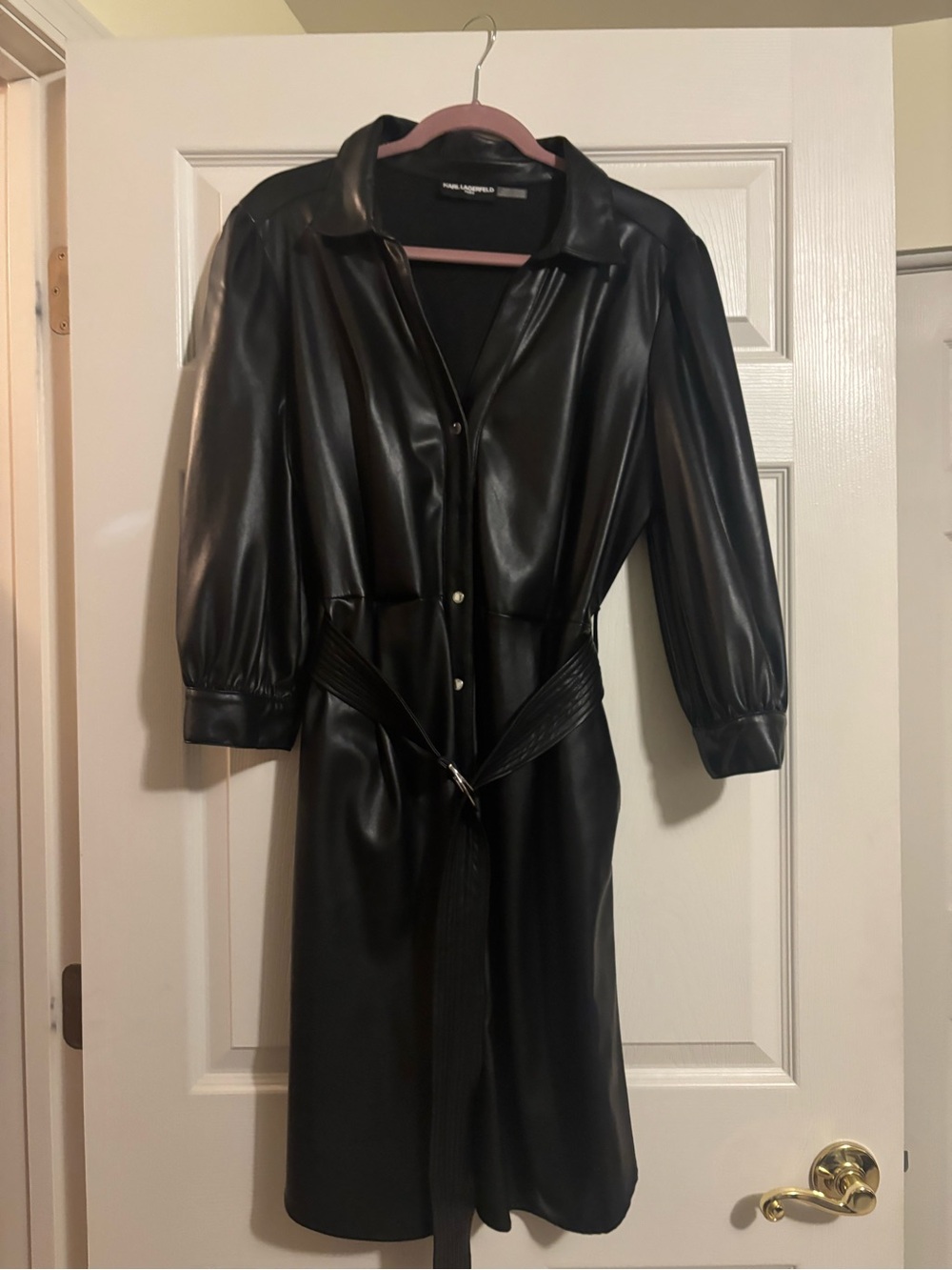 Karl Lagerfeld Faux Leather Black Belted Shirt Dress Jacket